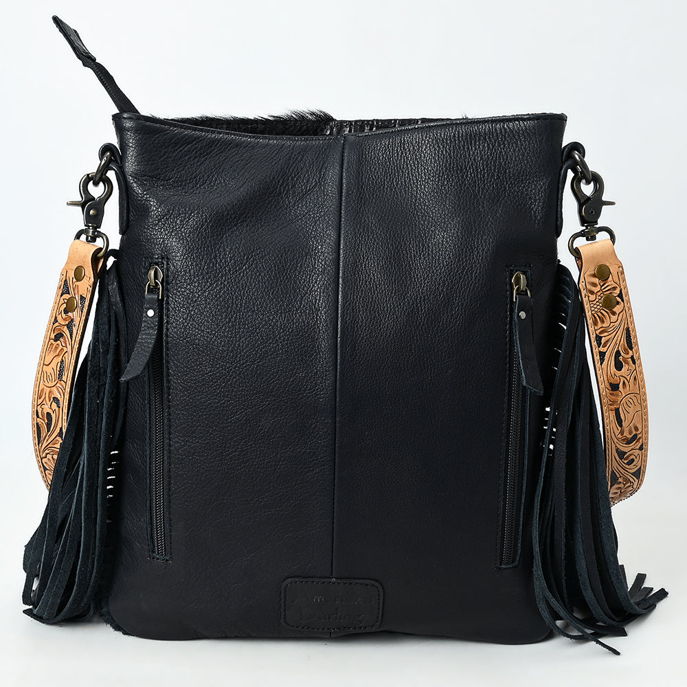 ADBG1580 Black Leather Fringe Crossbody Bag - Hand-Tooled Tan Strap & Yoke | Western Crossbody