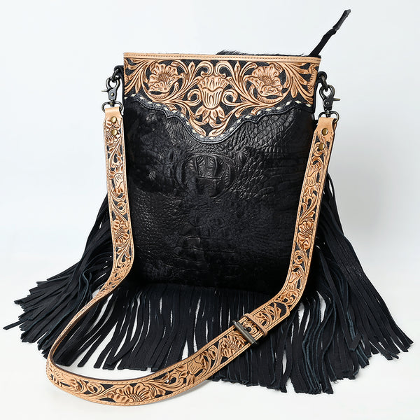 ADBG1580 Black Leather Fringe Crossbody Bag - Hand-Tooled Tan Strap & Yoke | Western Crossbody