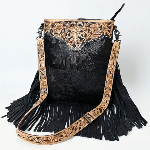 American Darling Western Genuine Crocodile Embossed Leather Large Crossbody Bag with Fringe and Hand-Tooled Detailing