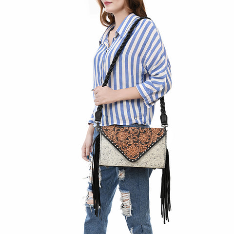 American Darling Western Hand-Tooled Floral Envelop Bag with Hair-On Cowhide and Braided Strap