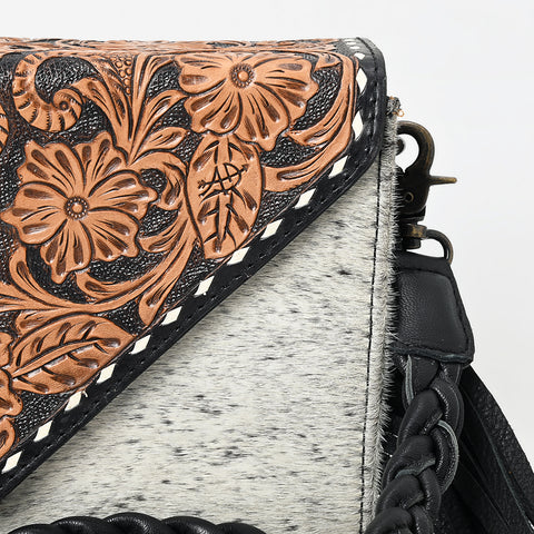 American Darling Western Hand-Tooled Floral Envelop Bag with Hair-On Cowhide and Braided Strap