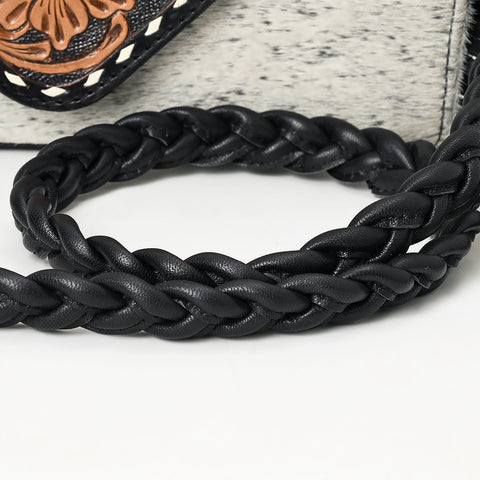 American Darling Western Hand-Tooled Floral Envelop Bag with Hair-On Cowhide and Braided Strap