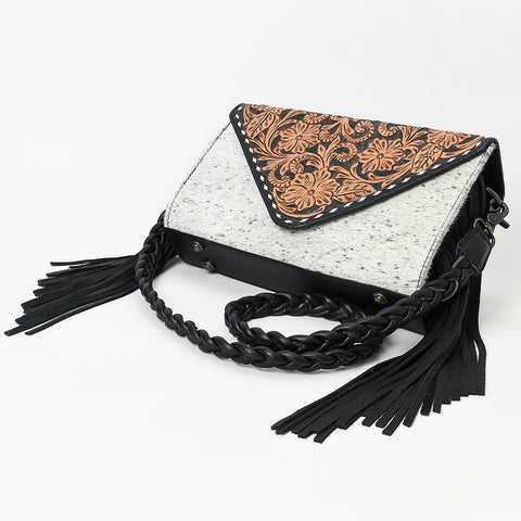 American Darling Western Hand-Tooled Floral Envelop Bag with Hair-On Cowhide and Braided Strap