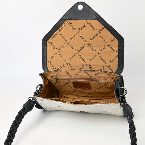 American Darling Western Hand-Tooled Floral Envelop Bag with Hair-On Cowhide and Braided Strap