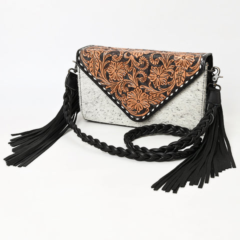 American Darling Western Hand-Tooled Floral Envelop Bag with Hair-On Cowhide and Braided Strap