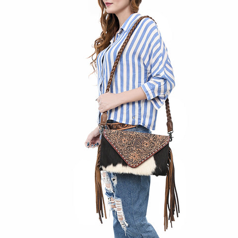 American Darling Western Hand-Tooled Floral Envelop Bag with Hair-On Cowhide and Braided Strap