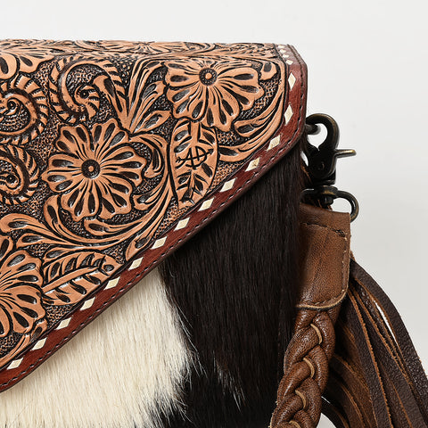 American Darling Western Hand-Tooled Floral Envelop Bag with Hair-On Cowhide and Braided Strap