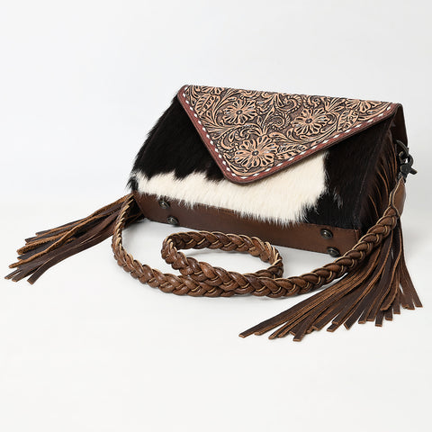 American Darling Western Hand-Tooled Floral Envelop Bag with Hair-On Cowhide and Braided Strap