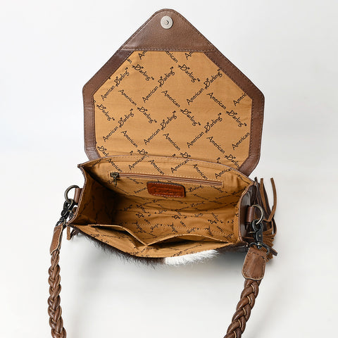 American Darling Western Hand-Tooled Floral Envelop Bag with Hair-On Cowhide and Braided Strap