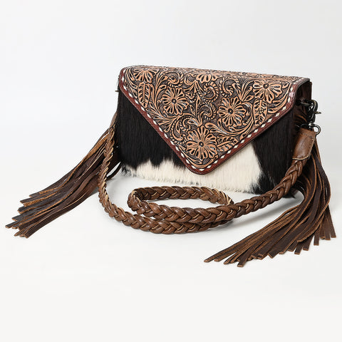 American Darling Western Hand-Tooled Floral Envelop Bag with Hair-On Cowhide and Braided Strap