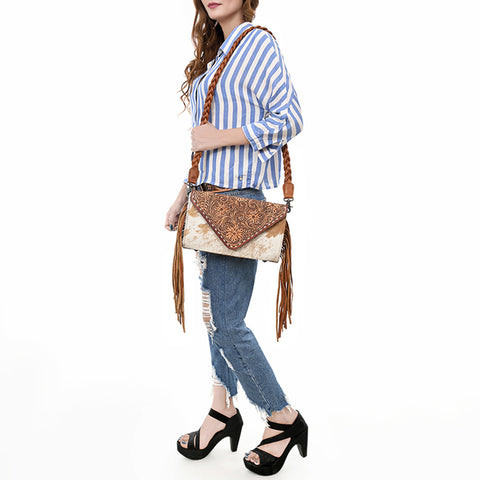 American Darling Western Hand-Tooled Floral Envelop Bag with Hair-On Cowhide and Braided Strap