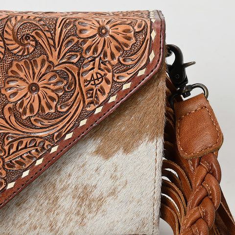 American Darling Western Hand-Tooled Floral Envelop Bag with Hair-On Cowhide and Braided Strap