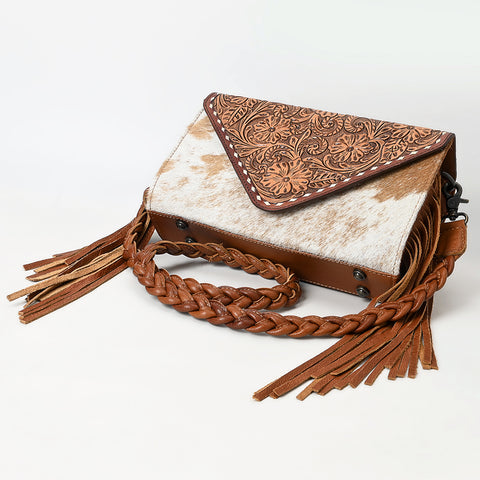American Darling Western Hand-Tooled Floral Envelop Bag with Hair-On Cowhide and Braided Strap