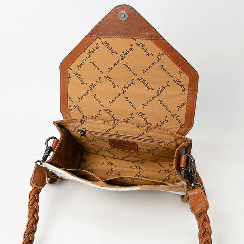 American Darling Western Hand-Tooled Floral Envelop Bag with Hair-On Cowhide and Braided Strap