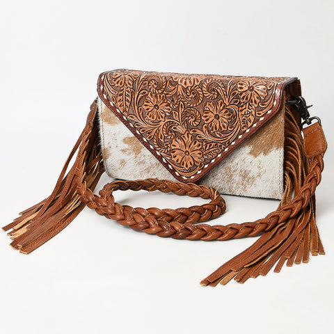 American Darling Western Hand-Tooled Floral Envelop Bag with Hair-On Cowhide and Braided Strap