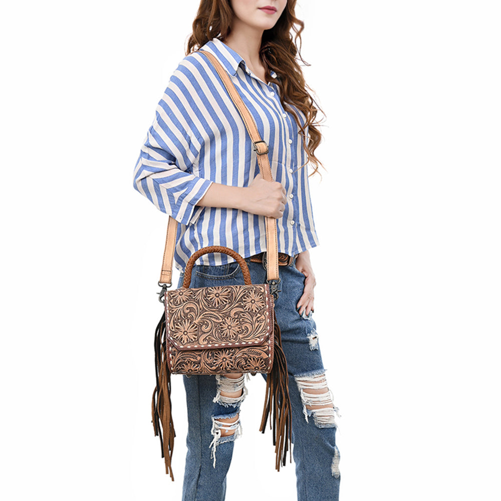 ADBG1583 Hand-Tooled Leather Messenger Bag - Western Clutch Purse with Fringe & Adjustable Strap