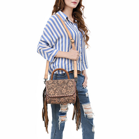 American Darling Hand-Tooled Western Leather Messenger Bag with Fringe & Carved Floral Detailing