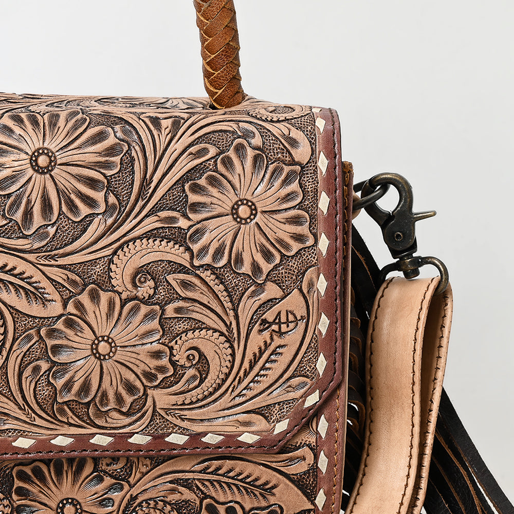 ADBG1583 Hand-Tooled Leather Messenger Bag - Western Clutch Purse with Fringe & Adjustable Strap