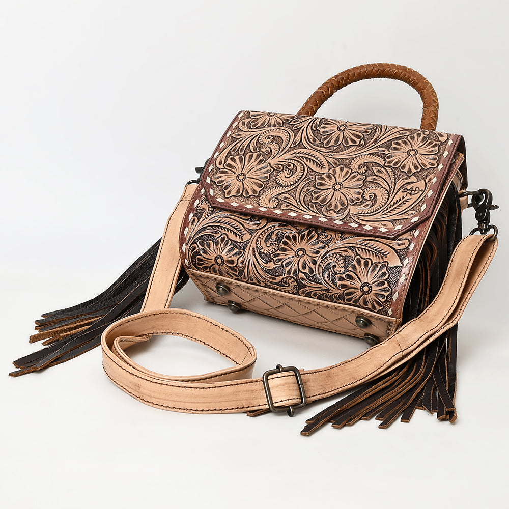 ADBG1583 Hand-Tooled Leather Messenger Bag - Western Clutch Purse with Fringe & Adjustable Strap