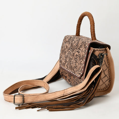 American Darling Hand-Tooled Western Leather Messenger Bag with Fringe & Carved Floral Detailing