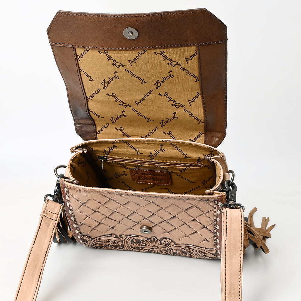 ADBG1583 Hand-Tooled Leather Messenger Bag - Western Clutch Purse with Fringe & Adjustable Strap