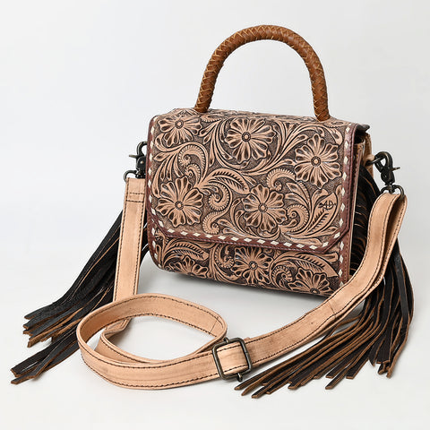 American Darling Hand-Tooled Western Leather Messenger Bag with Fringe & Carved Floral Detailing