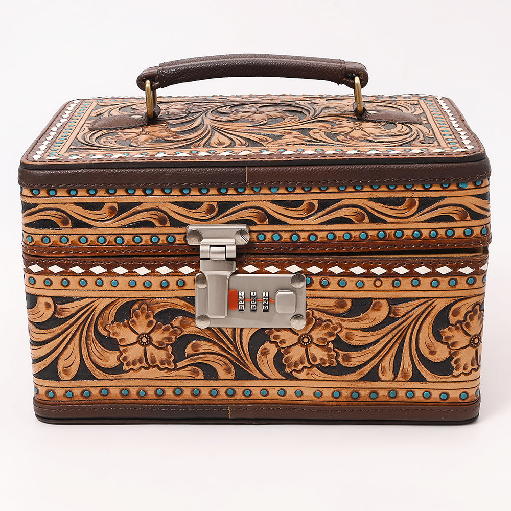 ADBGA632 Tooled Leather Lockbox Case with Floral Carving, Turquoise Studs & Combo Lock