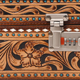 ADBGA632 Tooled Leather Lockbox Case with Floral Carving, Turquoise Studs & Combo Lock