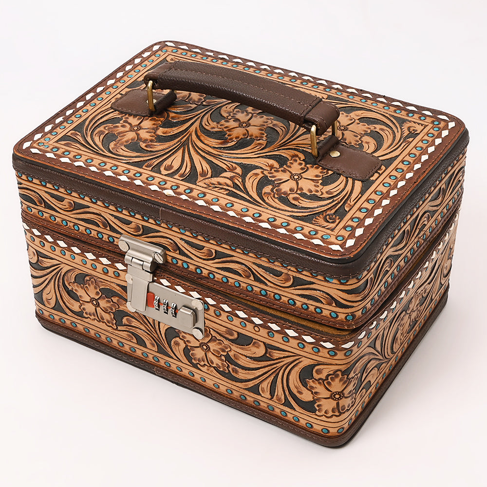 ADBGA632 Tooled Leather Lockbox Case with Floral Carving, Turquoise Studs & Combo Lock