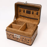 ADBGA632 Tooled Leather Lockbox Case with Floral Carving, Turquoise Studs & Combo Lock