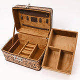 ADBGA632 Tooled Leather Lockbox Case with Floral Carving, Turquoise Studs & Combo Lock