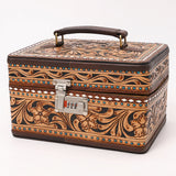 ADBGA632 Tooled Leather Lockbox Case with Floral Carving, Turquoise Studs & Combo Lock