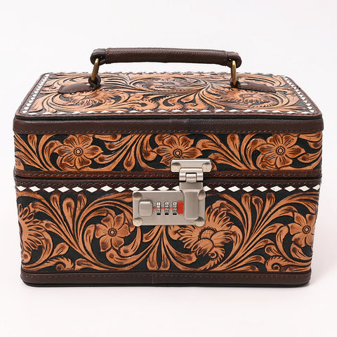 American Darling Tooled Leather Lockbox with Floral Scrollwork & Combination Lock