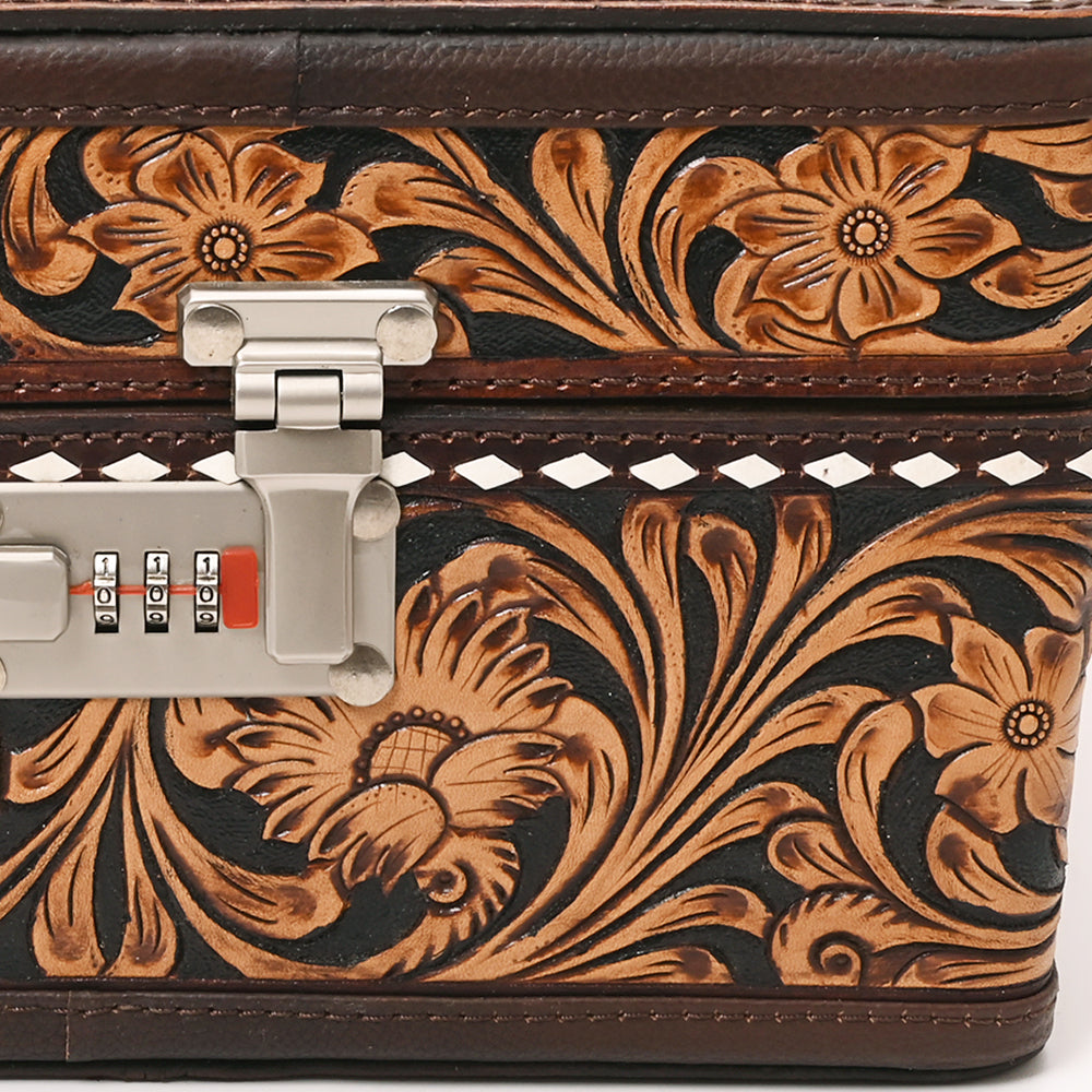 ADBGA634 Tooled Leather Lockbox with Floral Scrollwork & White Lacing-Combination Lock