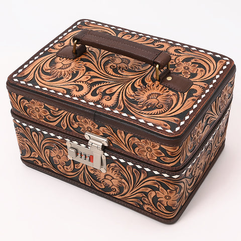 American Darling Tooled Leather Lockbox with Floral Scrollwork & Combination Lock