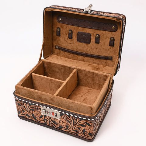 American Darling Tooled Leather Lockbox with Floral Scrollwork & Combination Lock