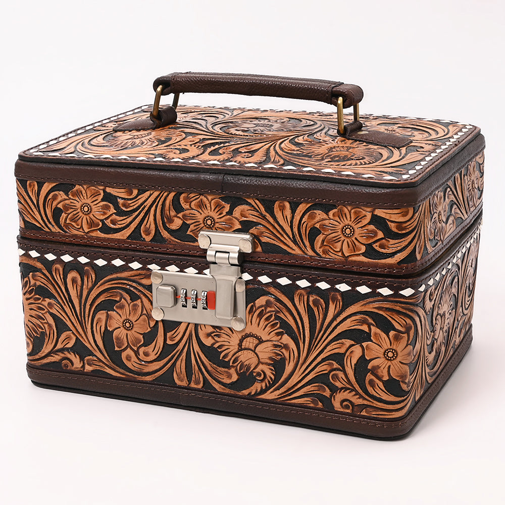 ADBGA634 Tooled Leather Lockbox with Floral Scrollwork & White Lacing-Combination Lock
