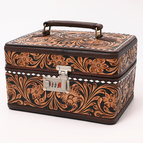 American Darling Tooled Leather Lockbox with Floral Scrollwork & Combination Lock