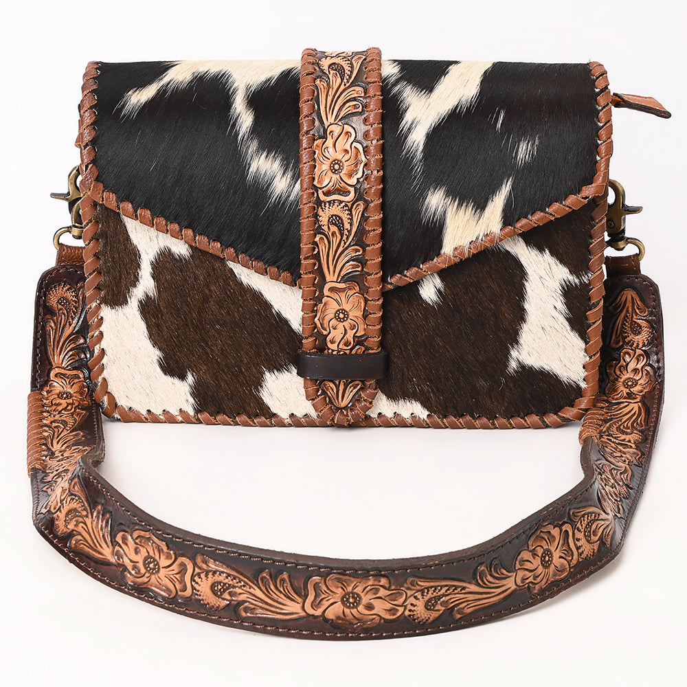 ADBGA635 Hair-On Cowhide Crossbody Bag with Tooled Leather Strap & Trim