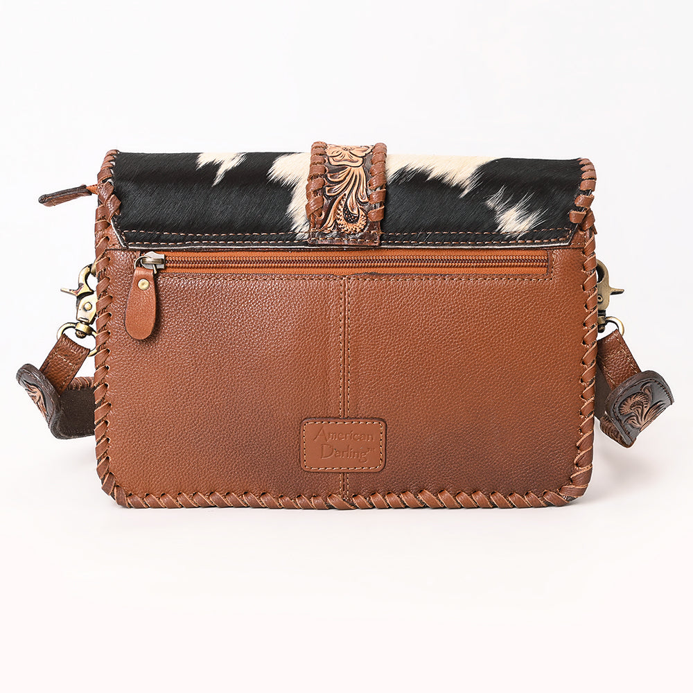 ADBGA635 Hair-On Cowhide Crossbody Bag with Tooled Leather Strap & Trim