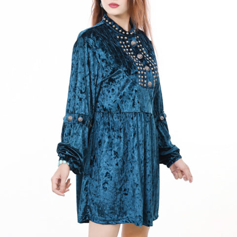 American Darling Teal Crushed Velvet Dress Western Studded Concho Tunic