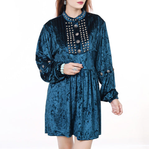 American Darling Teal Crushed Velvet Dress Western Studded Concho Tunic