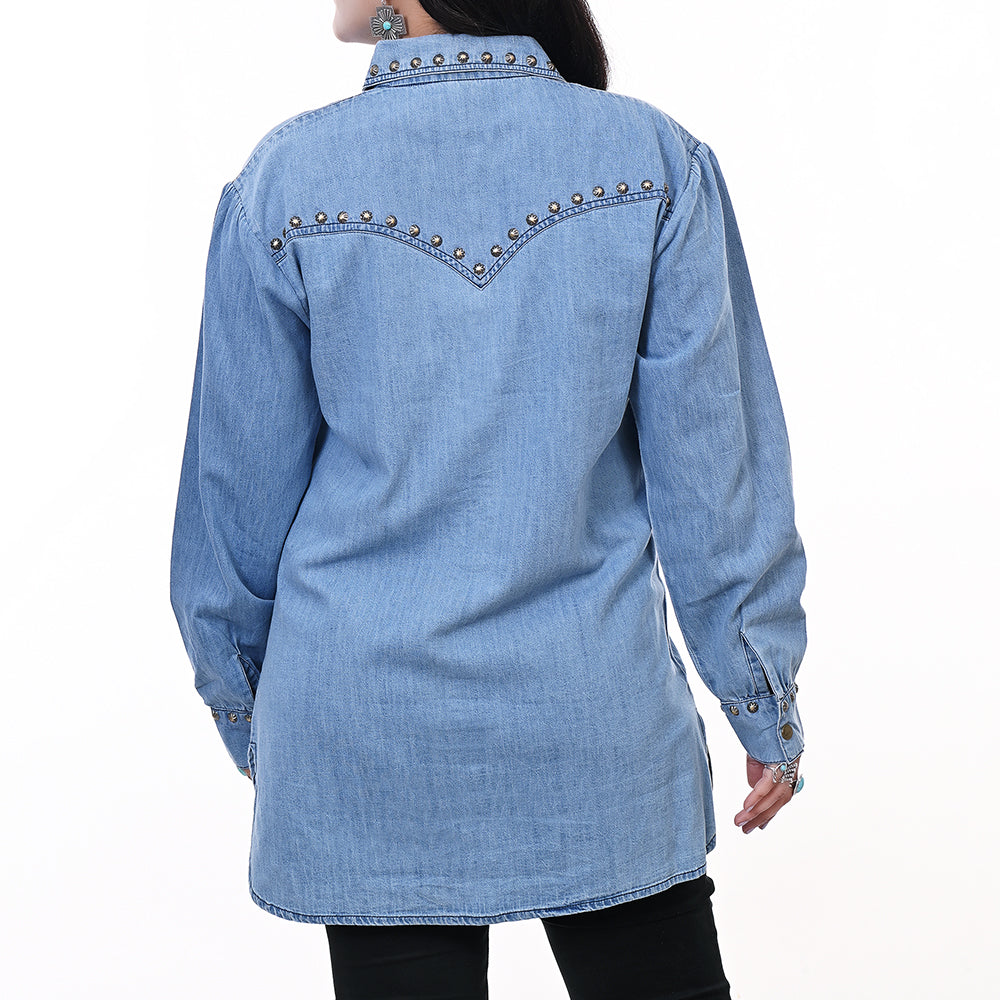 ADDR017 Women's Western Denim Shirt Dress with Embroidered Aztec Pattern