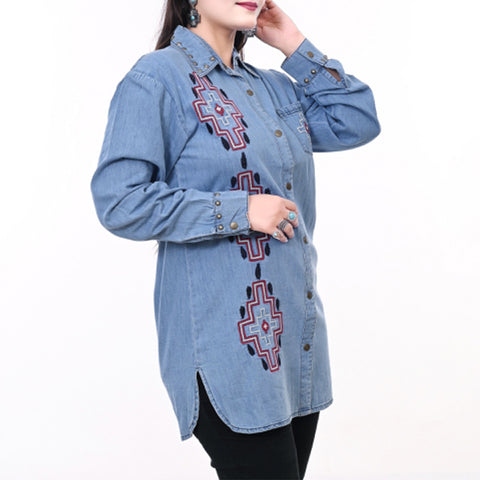 American Darling Denim Shirt Western Aztec Embroidered Studded Tunic Top