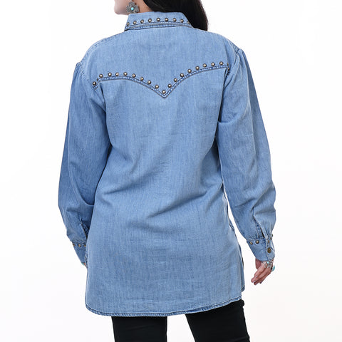 American Darling Denim Shirt Western Aztec Embroidered Studded Tunic Top