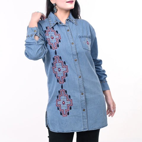 American Darling Denim Shirt Western Aztec Embroidered Studded Tunic Top