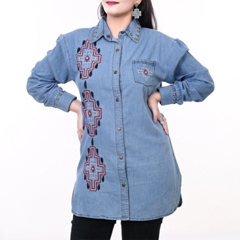 American Darling Denim Shirt Western Aztec Embroidered Studded Tunic Top