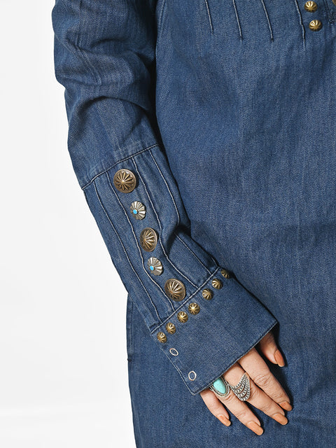American Darling Denim Dress Western Studded Concho Pleated Tunic