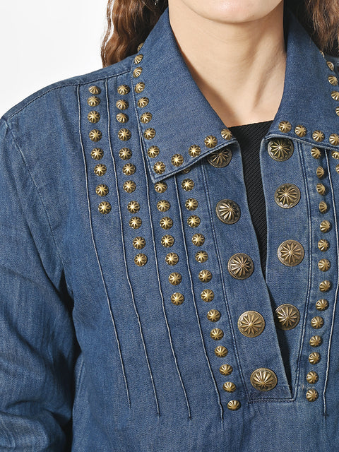 American Darling Denim Dress Western Studded Concho Pleated Tunic