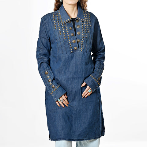 American Darling Denim Dress Western Studded Concho Pleated Tunic